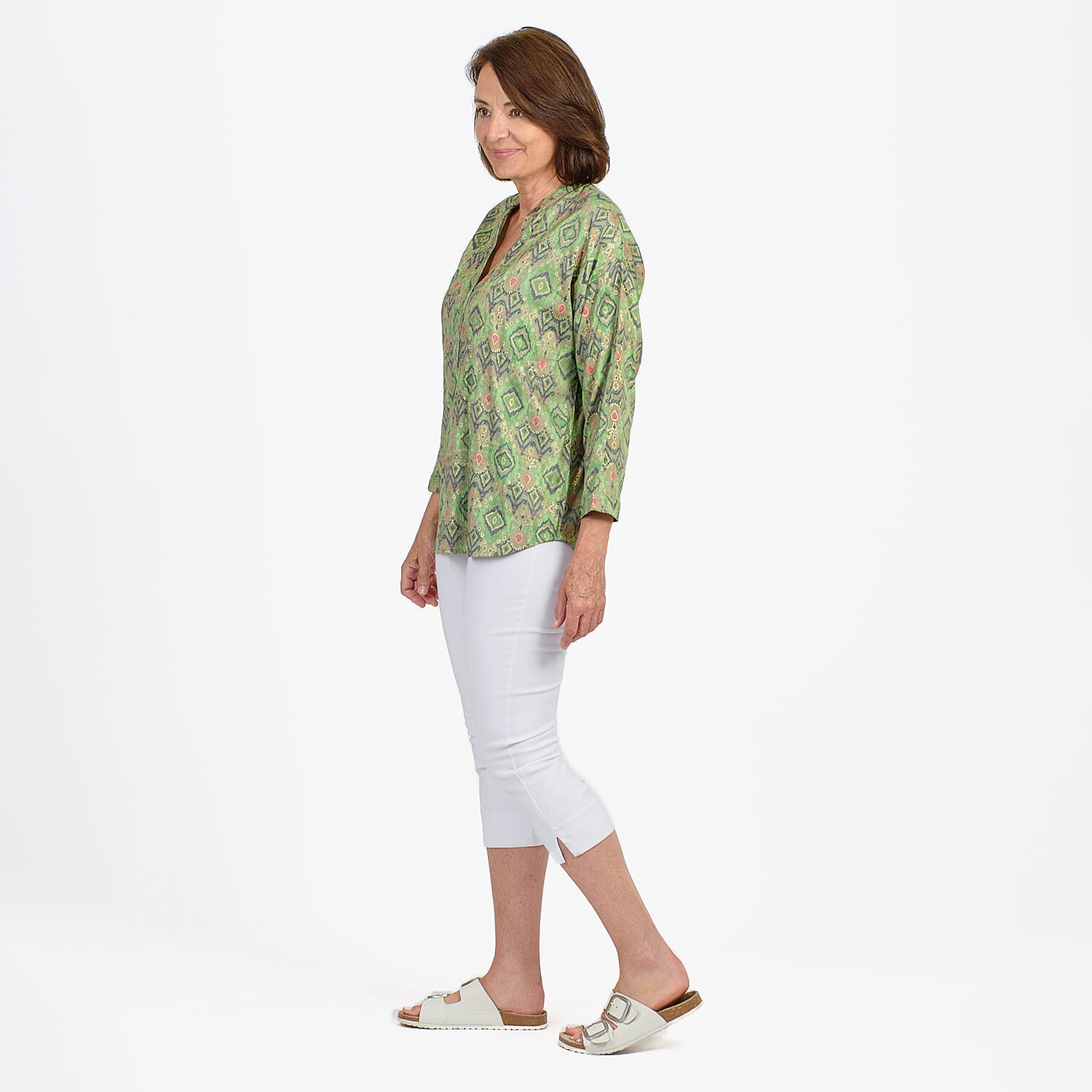 Adonai - Womens Viscose Ikat Print Woven Blouse (Size XL) - Green