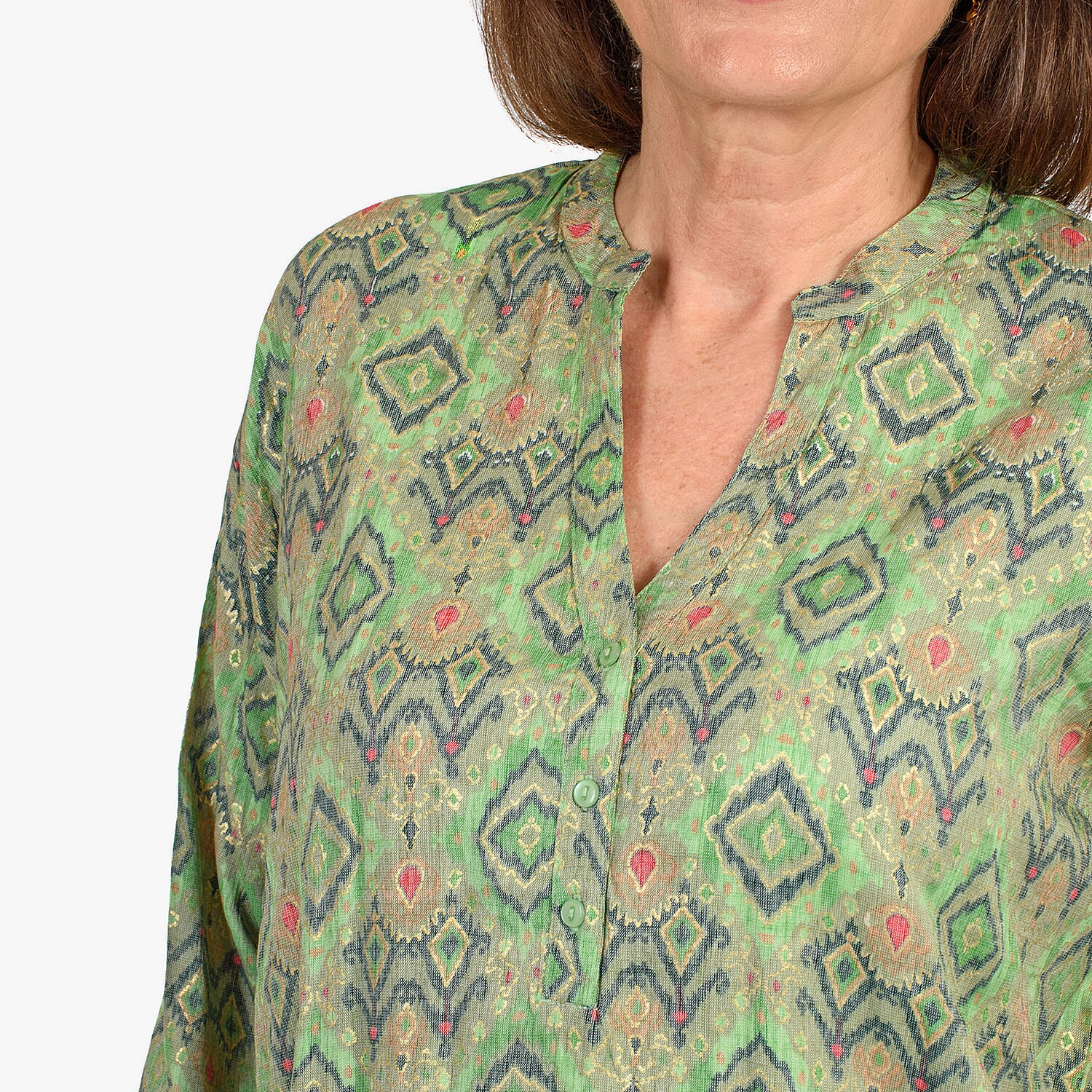 Adonai - Womens Viscose Ikat Print Woven Blouse (Size XL) - Green