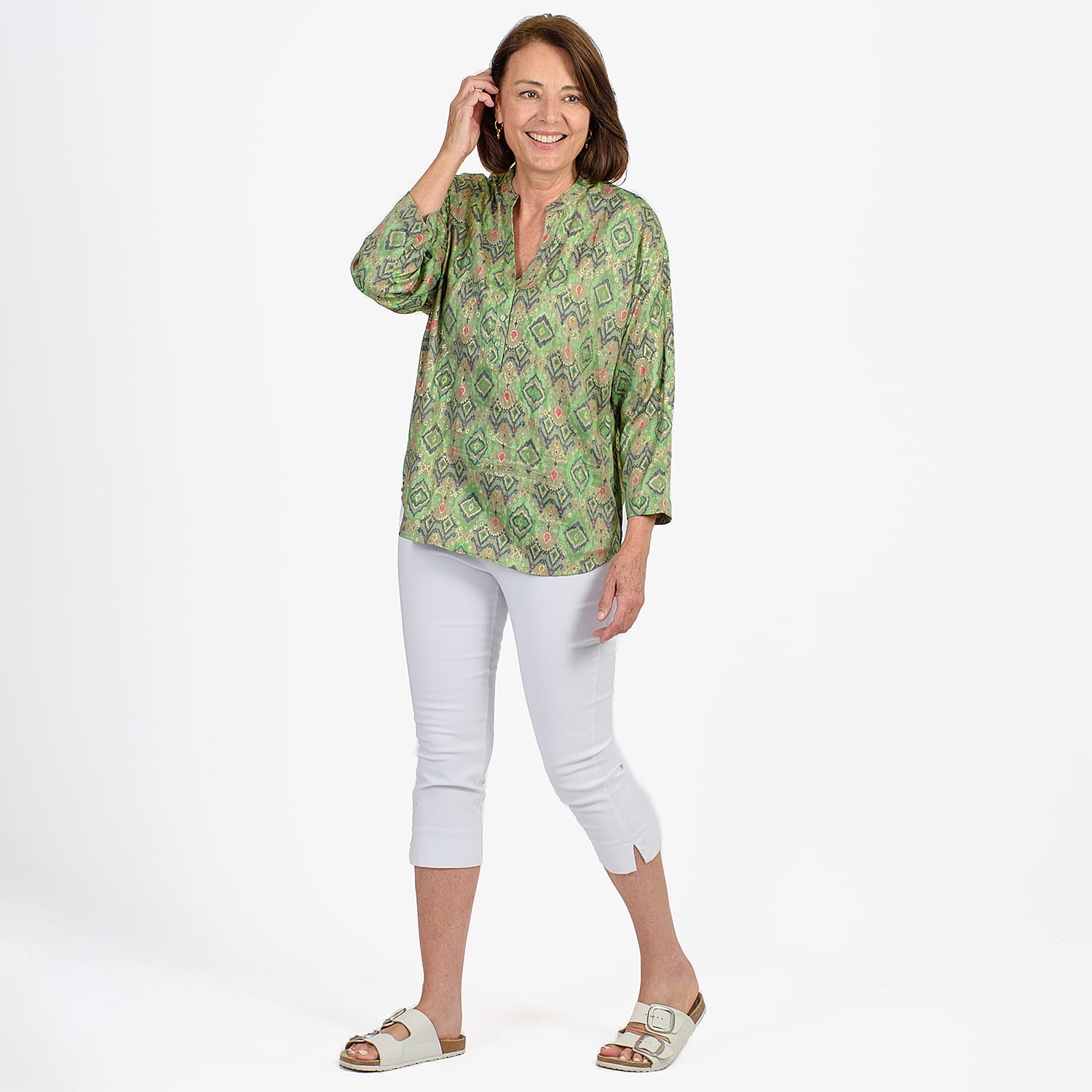 Adonai - Womens Viscose Ikat Print Woven Blouse (Size XXL) - Green