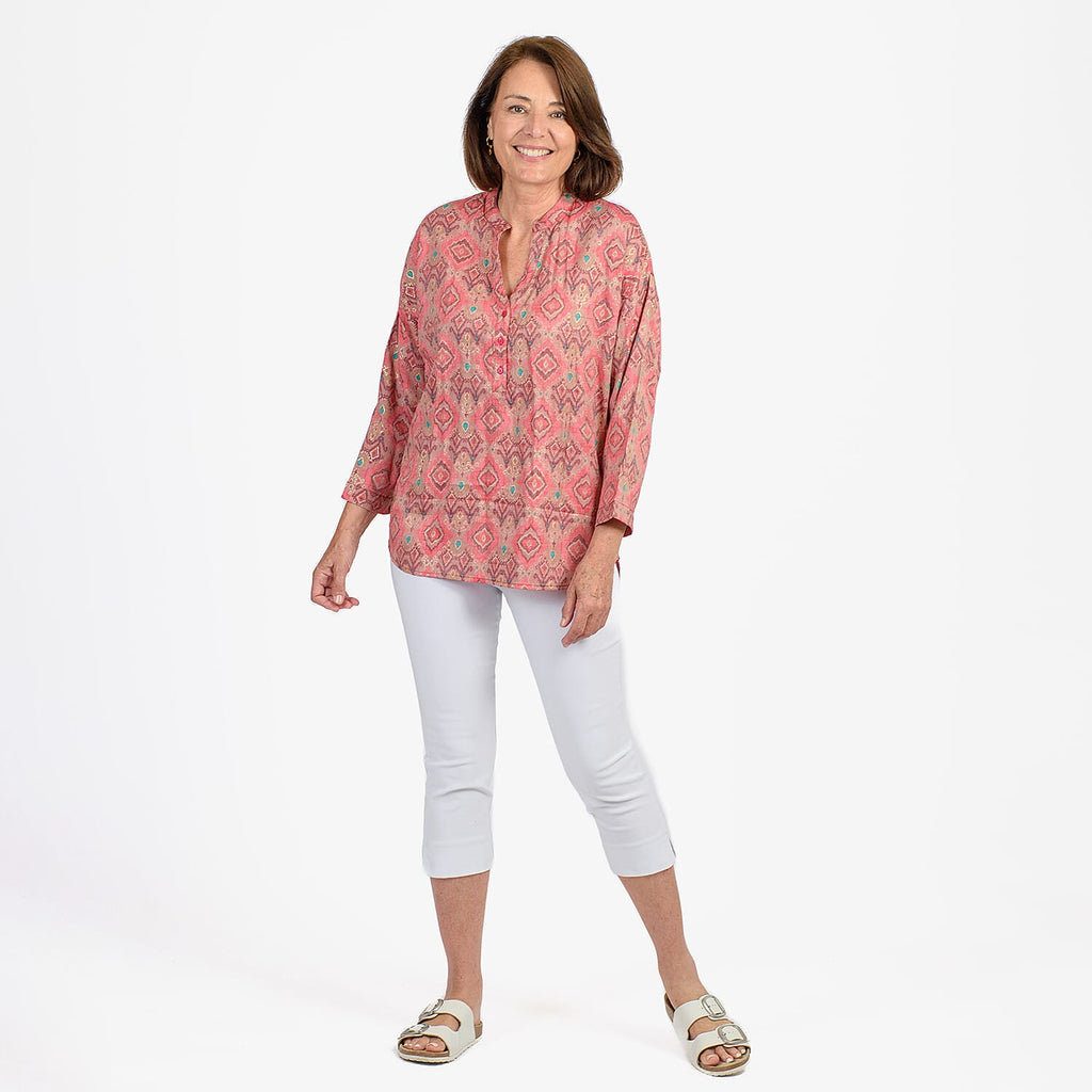 Adonai - Womens Viscose Ikat Print Woven Blouse (Size M) - Pink