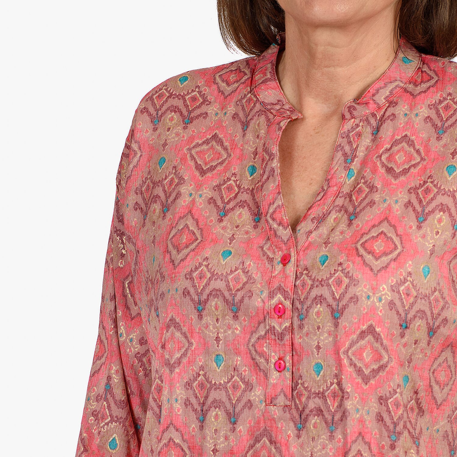 Adonai - Womens Viscose Ikat Print Woven Blouse (Size M) - Pink