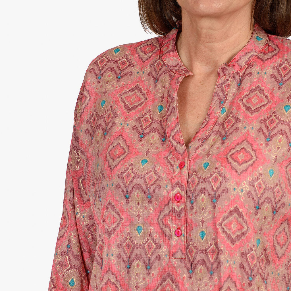 Adonai - Womens Viscose Ikat Print Woven Blouse (Size XXL) - Pink