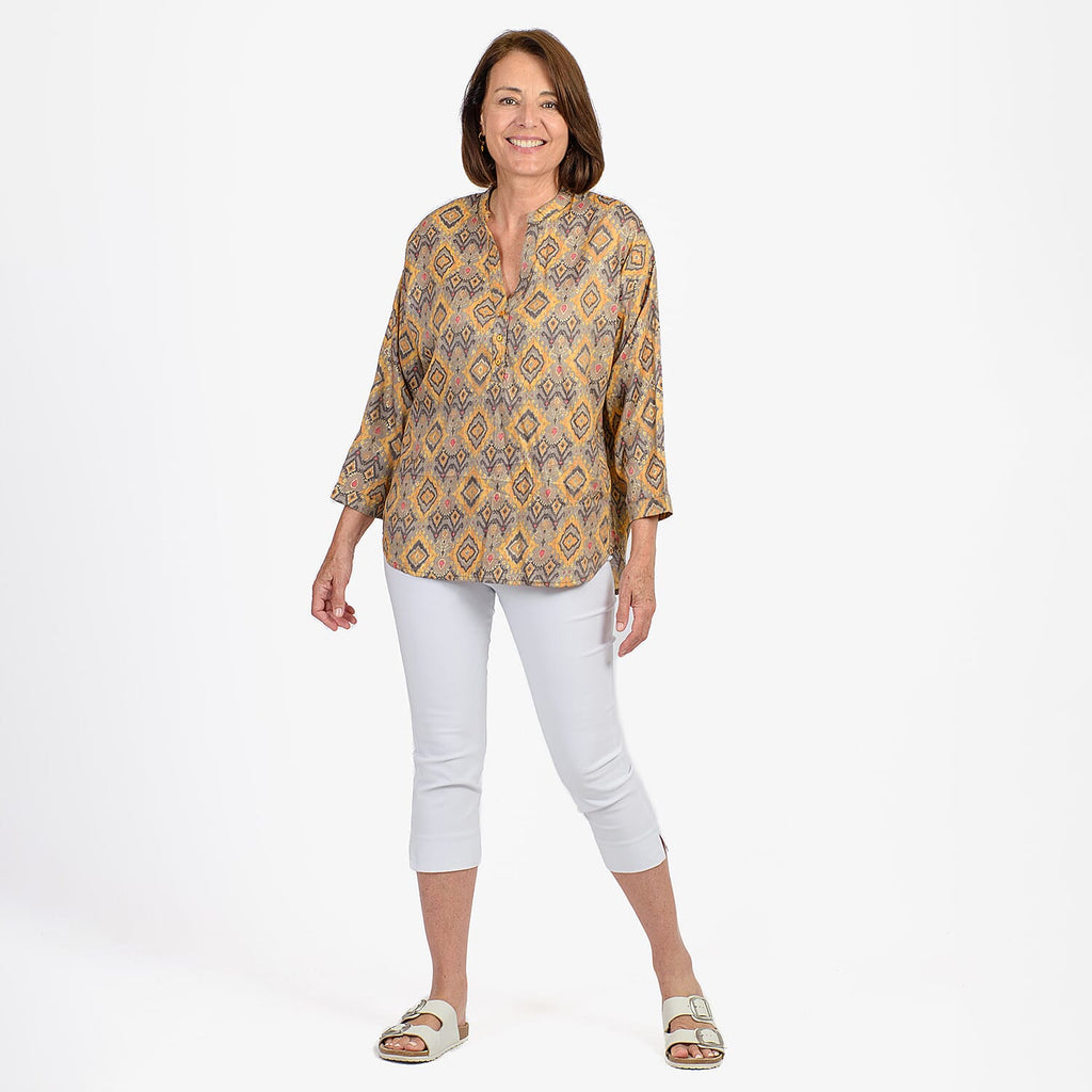 Adonai - Womens Viscose Ikat Print Woven Blouse (Size S) - Yellow