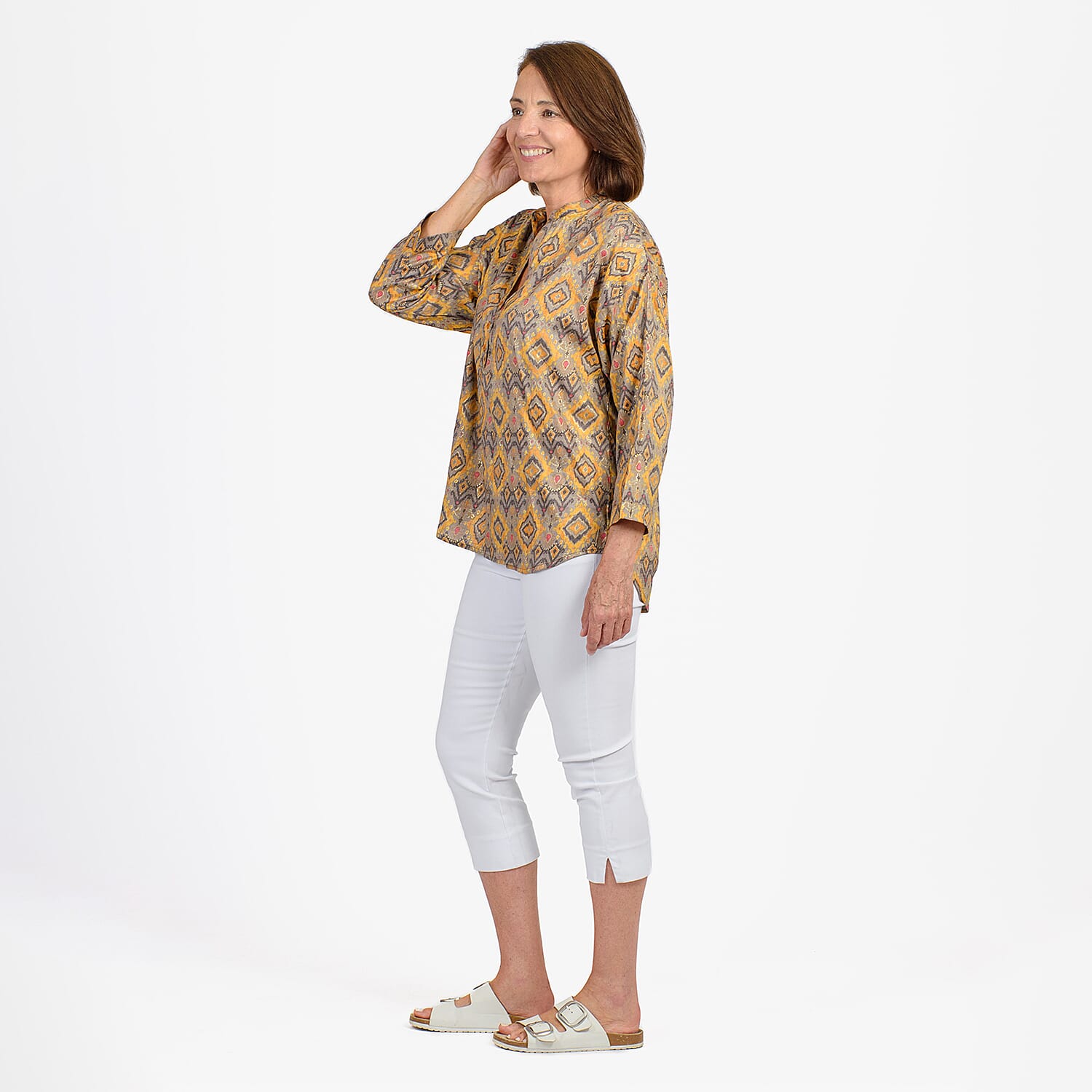 Adonai - Womens Viscose Ikat Print Woven Blouse (Size S) - Yellow