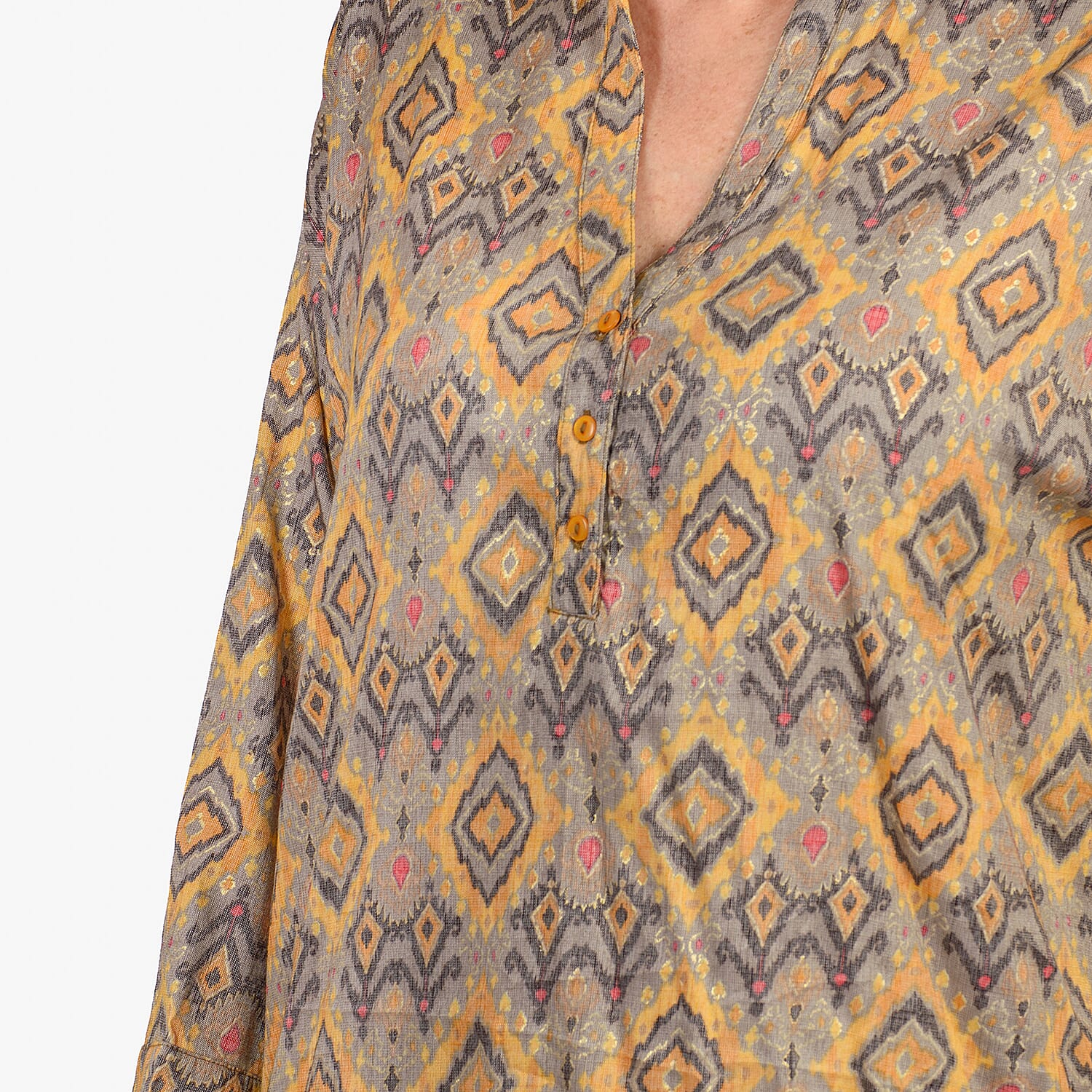 Adonai - Womens Viscose Ikat Print Woven Blouse (Size S) - Yellow