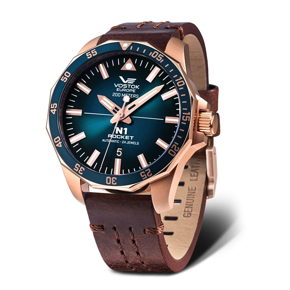 VOSTOK EUROPE N1 Rocket Automatic Movt. 20ATM WR Blue Dial - Rose Colour Case Mens Watch with Brown Leather Strap