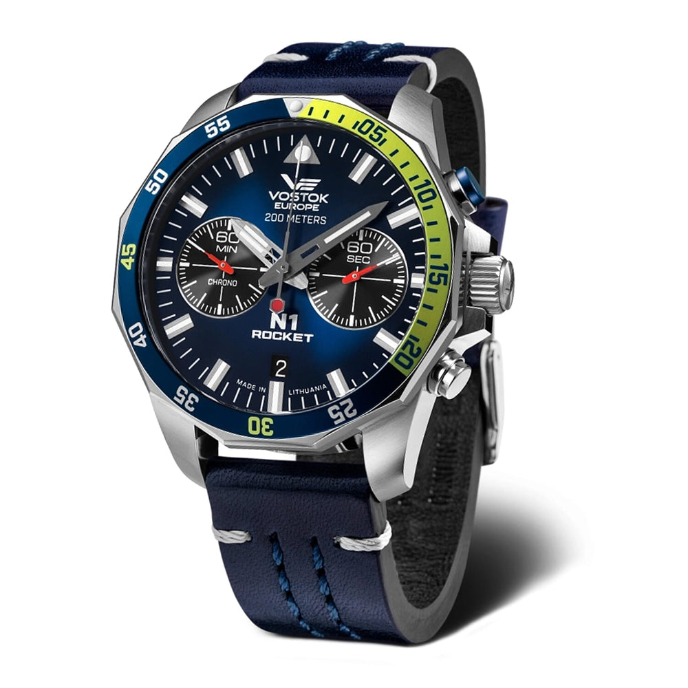 VOSTOK EUROPE N1 Rocket Quartz Movt. 20ATM WR Blue Dial - Silver Colour Case Mens Watch with Blue Leather Strap