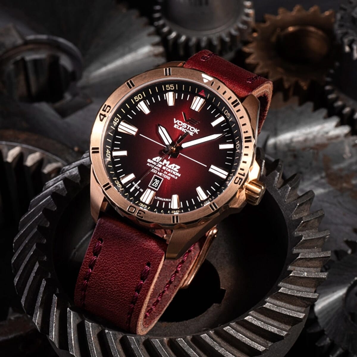 VOSTOK EUROPE Almaz Automatic TMI NH35 Automatic 20ATM Rose Gold Stainless Steel Dial Mens Watch with Red Leather Strap