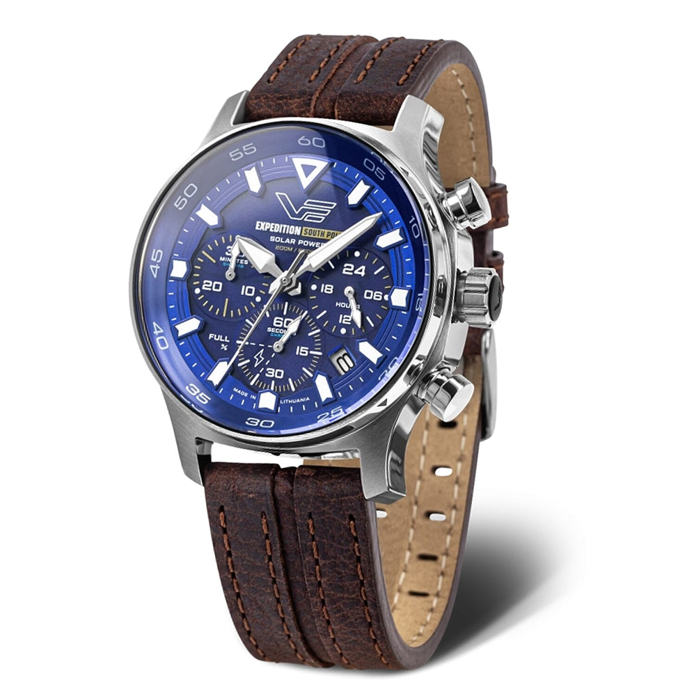 Vostok Europe Expedition South Pole Solar 20ATM WR Blue Dial Mens Watch with Brown Leather Strap