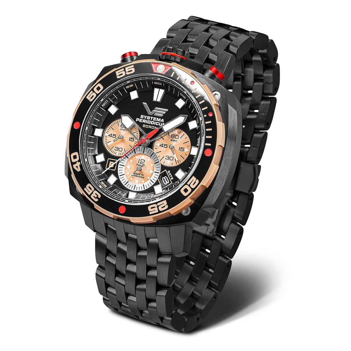 Vostok Europe Systema Periodicum Boron TMI VK67 Mecha-Quartz Watch with a Black Dial and