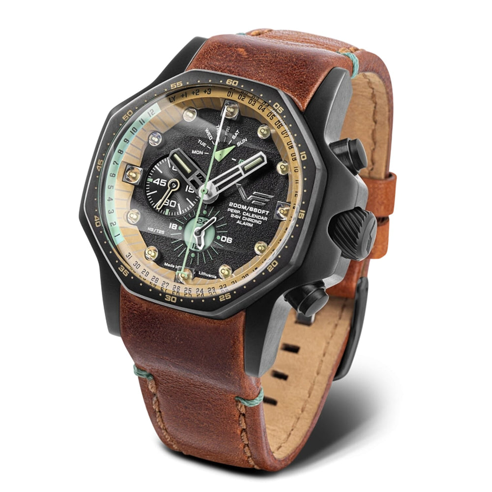 VOSTOK Europe - ATOMIC AGE Oppenheimer Leather Black Dialed S Watch Seiko Epson YM86 Quartz Watch with a Black Dial and a Brown coloured Leather band 20 ATM
