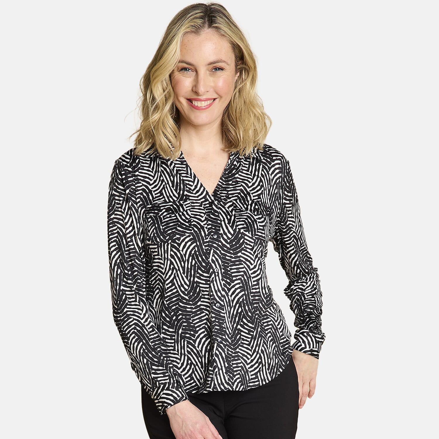 Emreco Long Sleeve Wave Print Classic Collar Pocket Blouse (Size 10) - Black & White