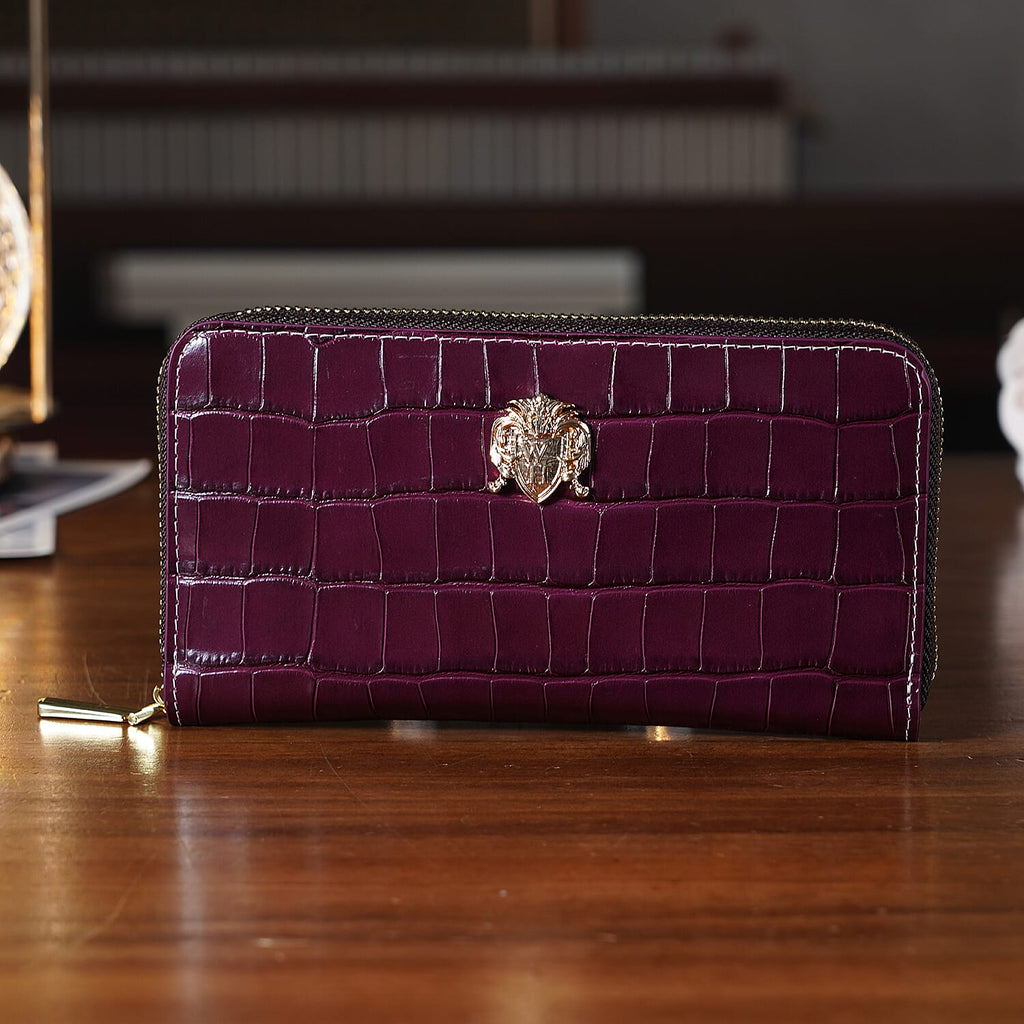 WILLIAM HUNT RFID Croc Embossed 100% Genuine Leather Wallet - Plum