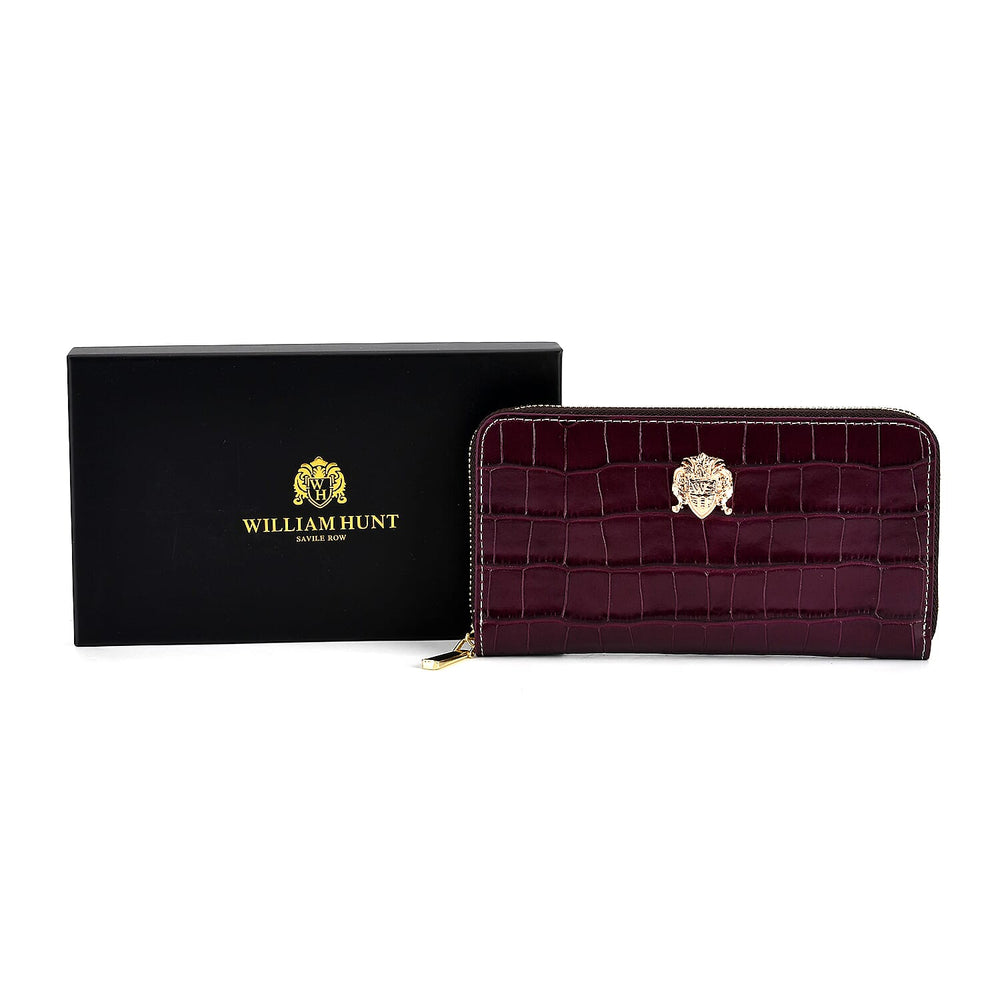 WILLIAM HUNT RFID Croc Embossed 100% Genuine Leather Wallet - Plum