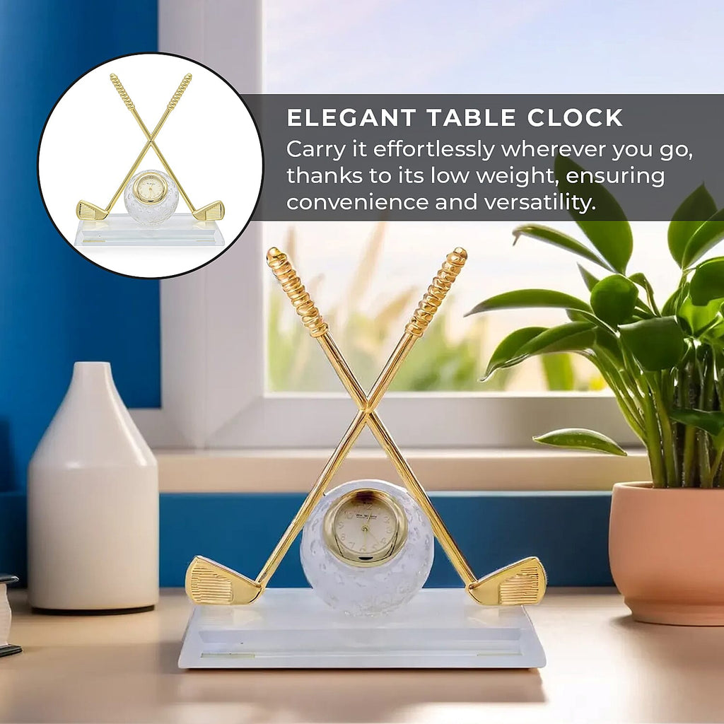 WILLIAM WIDDOP Miniature Clock - Crossed Golf Clubs with Glass Ball in Gold Tone