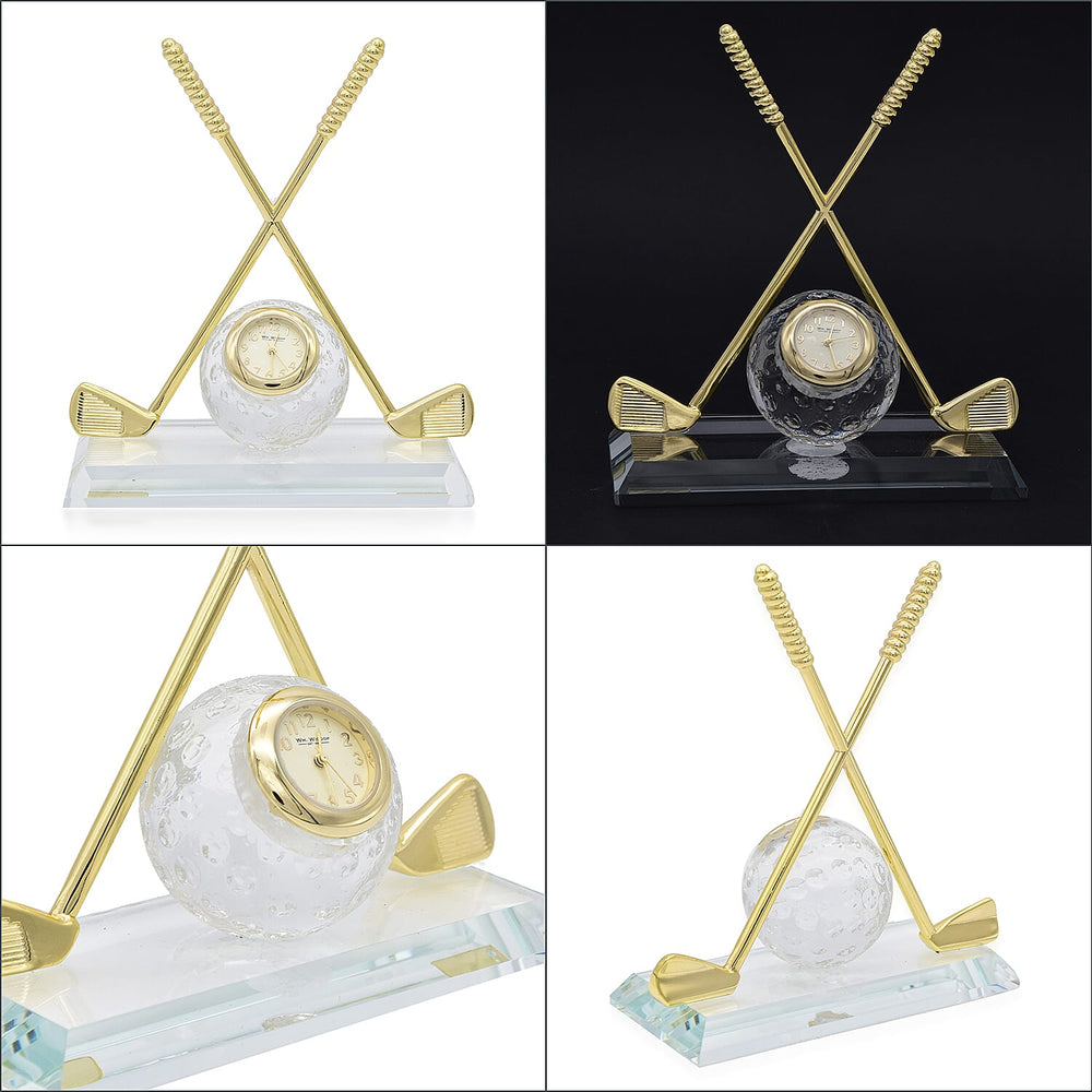 WILLIAM WIDDOP Miniature Clock - Crossed Golf Clubs with Glass Ball in Gold Tone