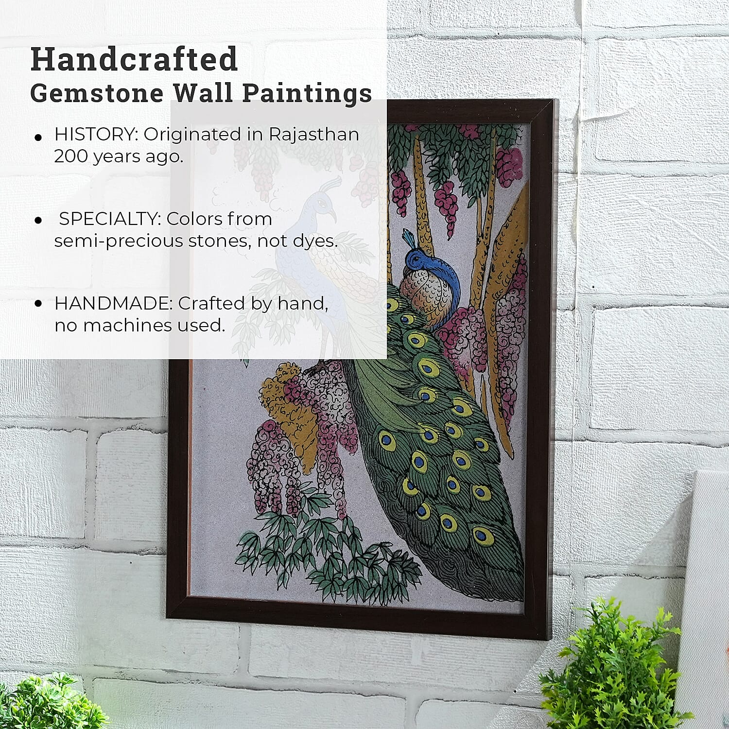 Made from Genuine Gemstone Hand Made Wall Art (Size 25x33x1 cm) - Peacock