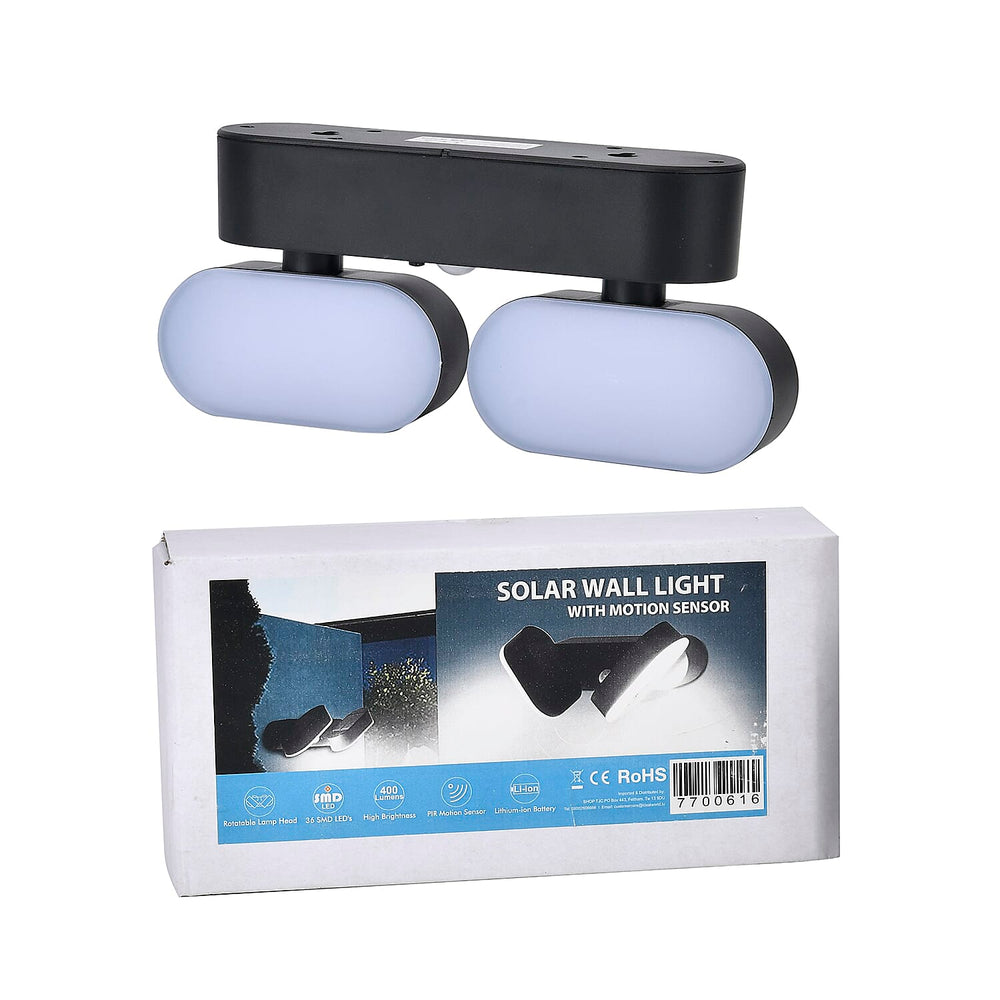 Solar Wall Light-with Motion Sensor (Twin head) with 1200mah Rechargeable Battery - Black