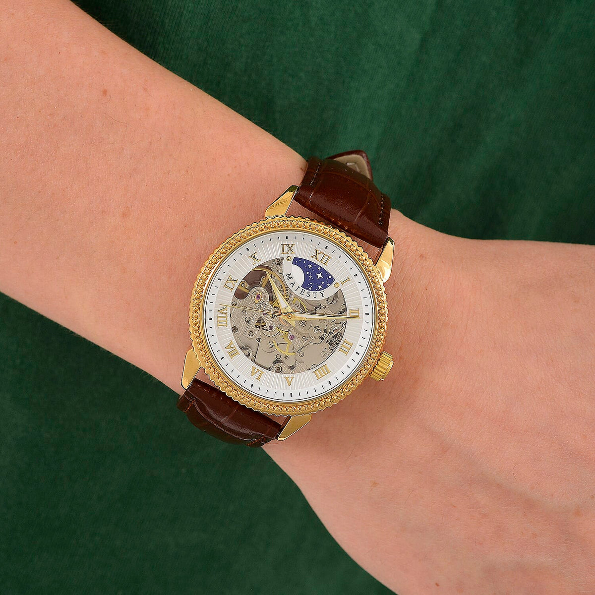 Majesty Automatic Mechanical Movement 3ATM Water Resistant White Hollow Hydraulic Dial Watch with Brown Leather Strap