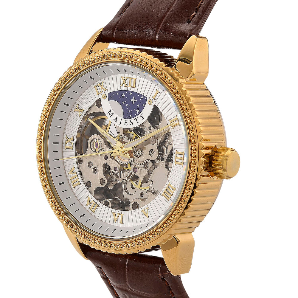 Majesty Automatic Mechanical Movement 3ATM Water Resistant White Hollow Hydraulic Dial Watch with Brown Leather Strap