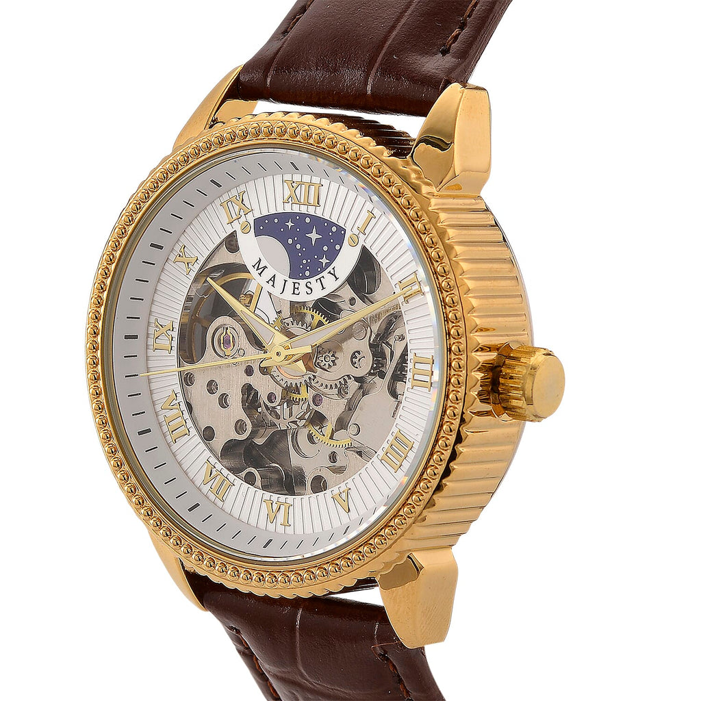 Majesty Automatic Mechanical Movement 3ATM Water Resistant White Hollow Hydraulic Dial Watch with Brown Leather Strap