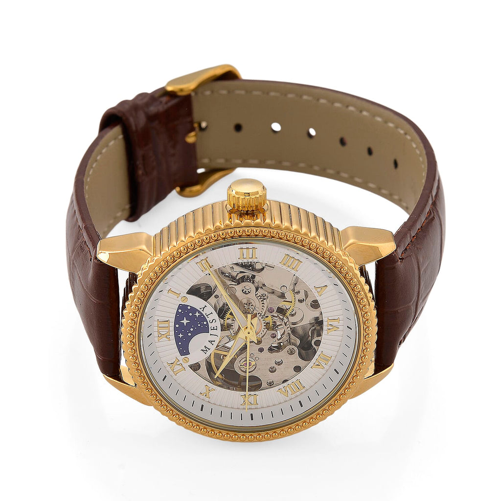 Majesty Automatic Mechanical Movement 3ATM Water Resistant White Hollow Hydraulic Dial Watch with Brown Leather Strap