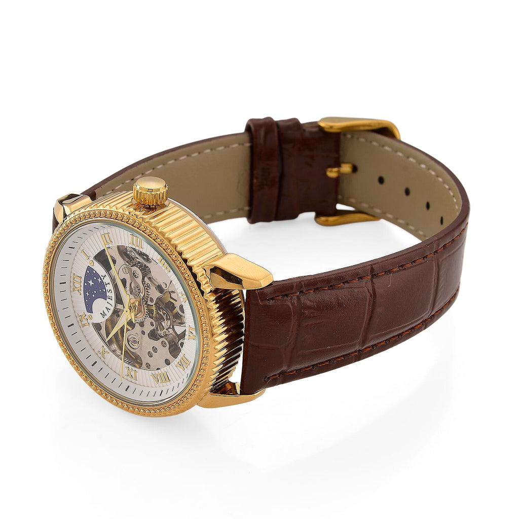 Majesty Automatic Mechanical Movement 3ATM Water Resistant White Hollow Hydraulic Dial Watch with Brown Leather Strap