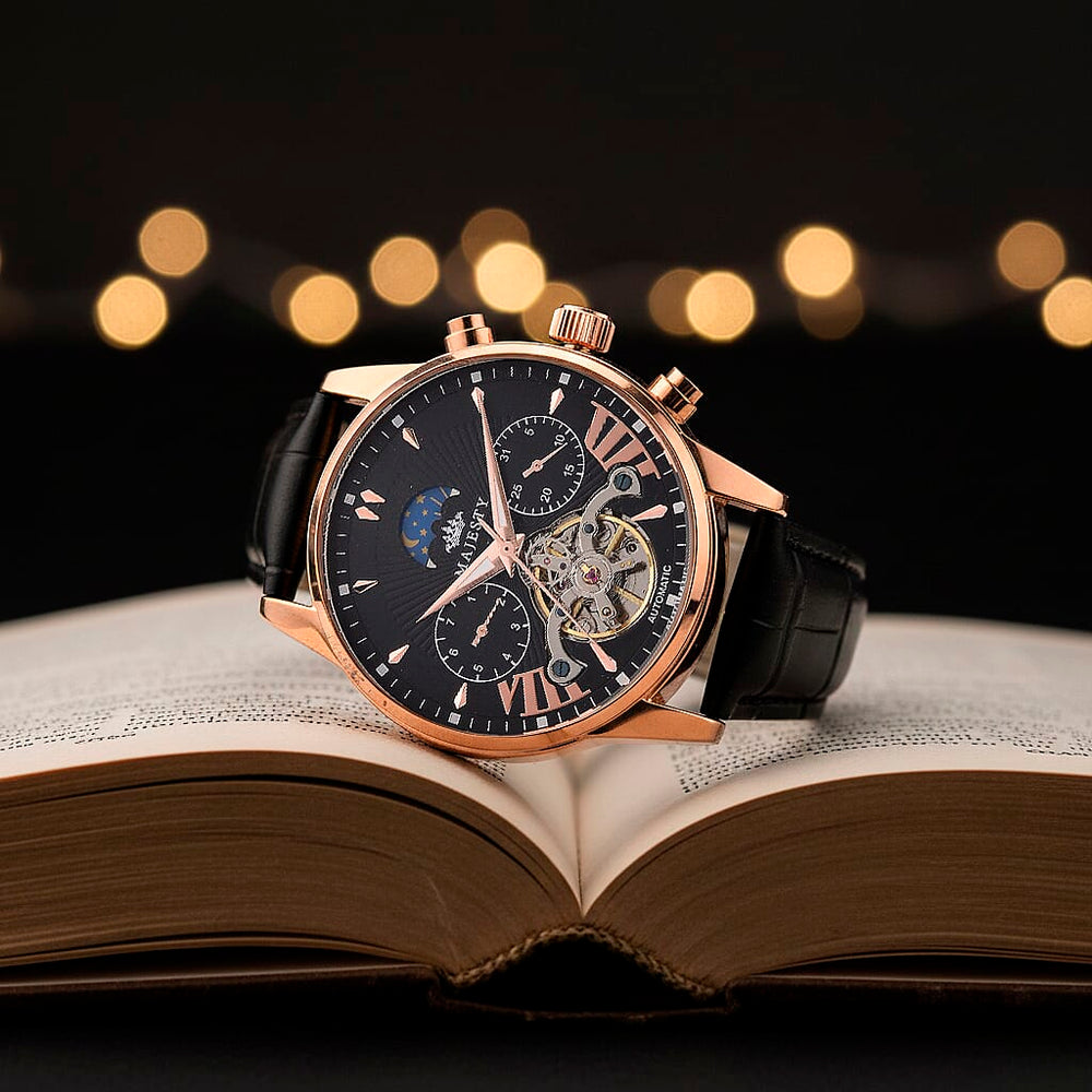 MAJESTY Limited Edition ENIGMATIC Automatic 3ATM Mens Watch with Rose Gold dial Black Leather Strap With Day-Night Indicator