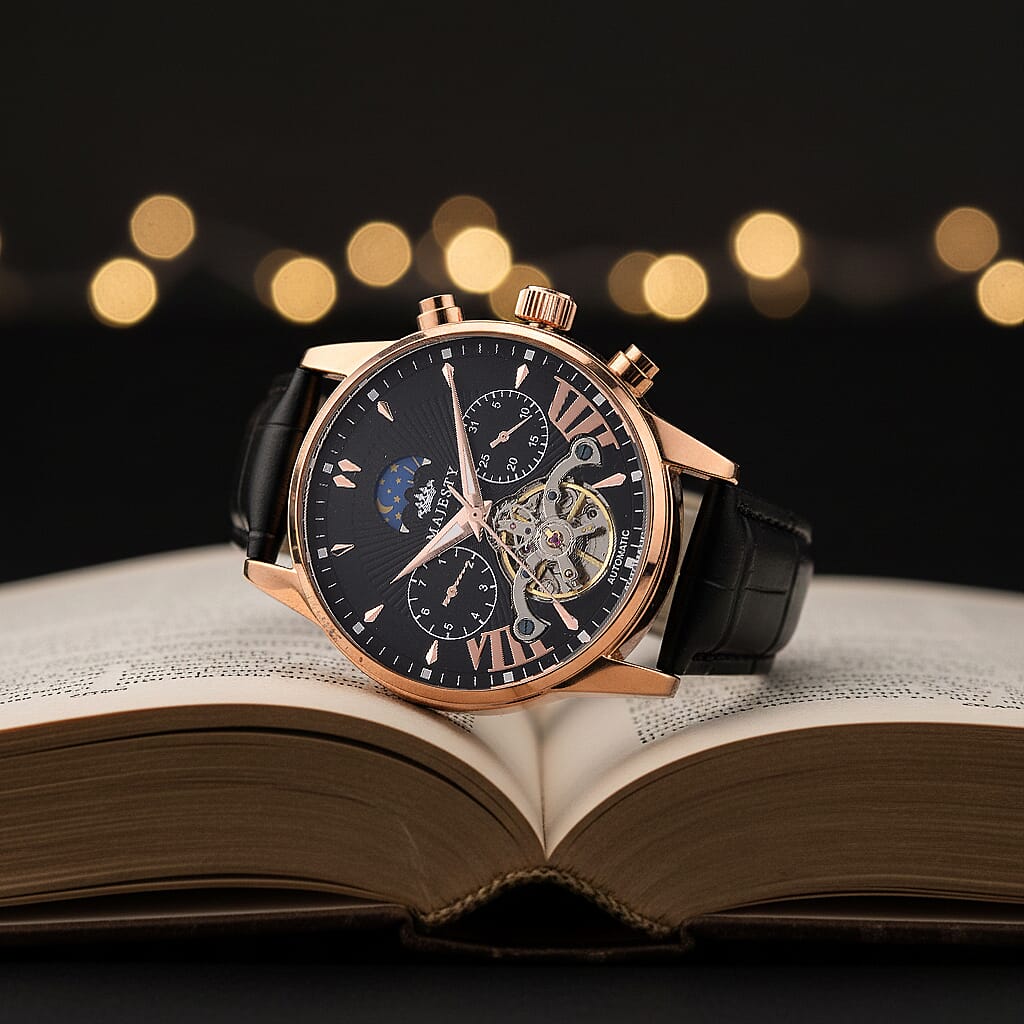 MAJESTY Limited Edition ENIGMATIC Automatic 3ATM Mens Watch with Rose Gold dial Black Leather Strap With Day-Night Indicator