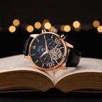 MAJESTY Limited Edition ENIGMATIC Automatic 3ATM Mens Watch with Rose Gold dial Black Leather Strap With Day-Night Indicator