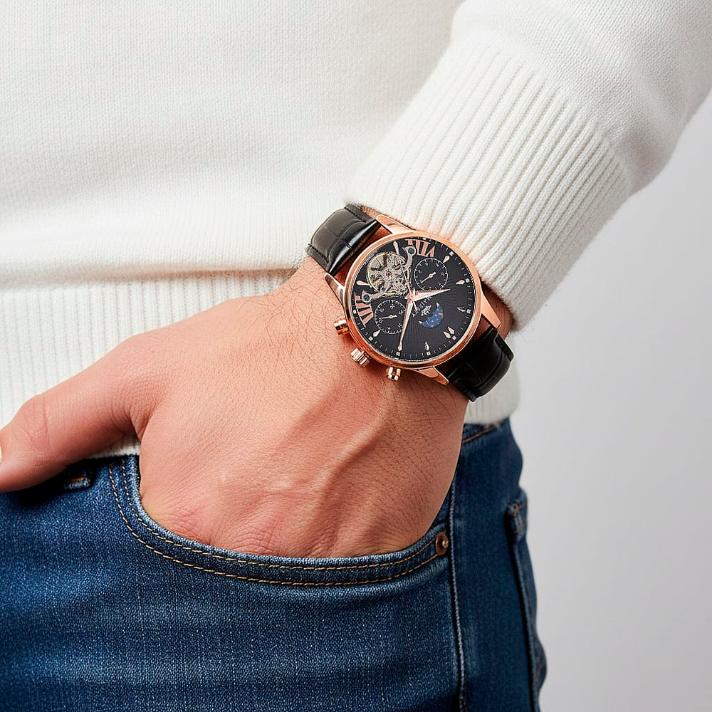 MAJESTY Limited Edition ENIGMATIC Automatic 3ATM Mens Watch with Rose Gold dial Black Leather Strap With Day-Night Indicator