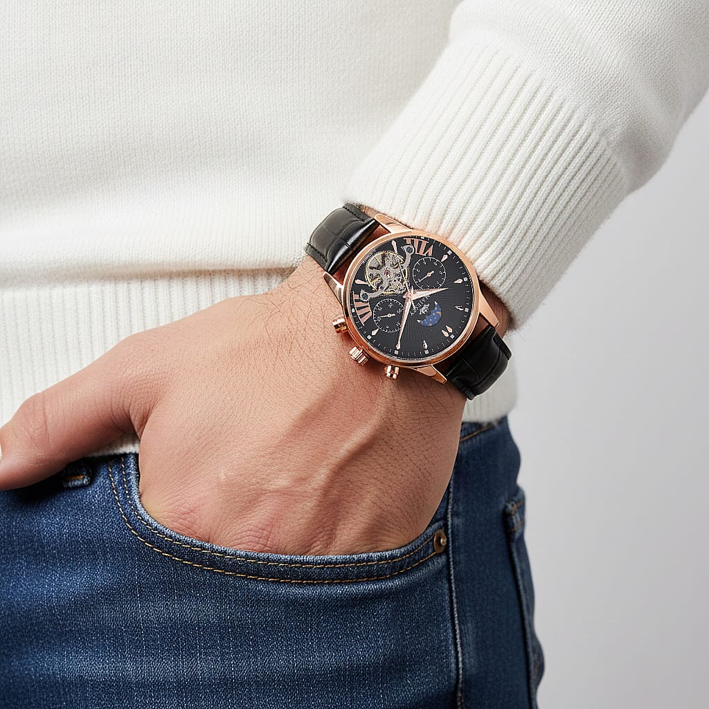 MAJESTY Limited Edition ENIGMATIC Automatic 3ATM Mens Watch with Rose Gold dial Black Leather Strap With Day-Night Indicator