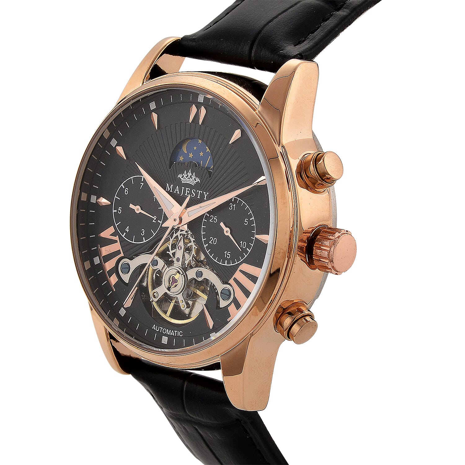 MAJESTY Limited Edition ENIGMATIC Automatic 3ATM Mens Watch with Rose Gold dial Black Leather Strap With Day-Night Indicator