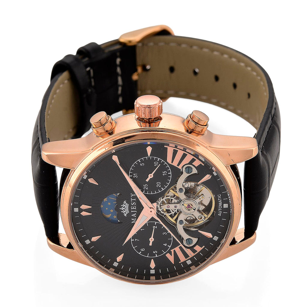 MAJESTY Limited Edition ENIGMATIC Automatic 3ATM Mens Watch with Rose Gold dial Black Leather Strap With Day-Night Indicator
