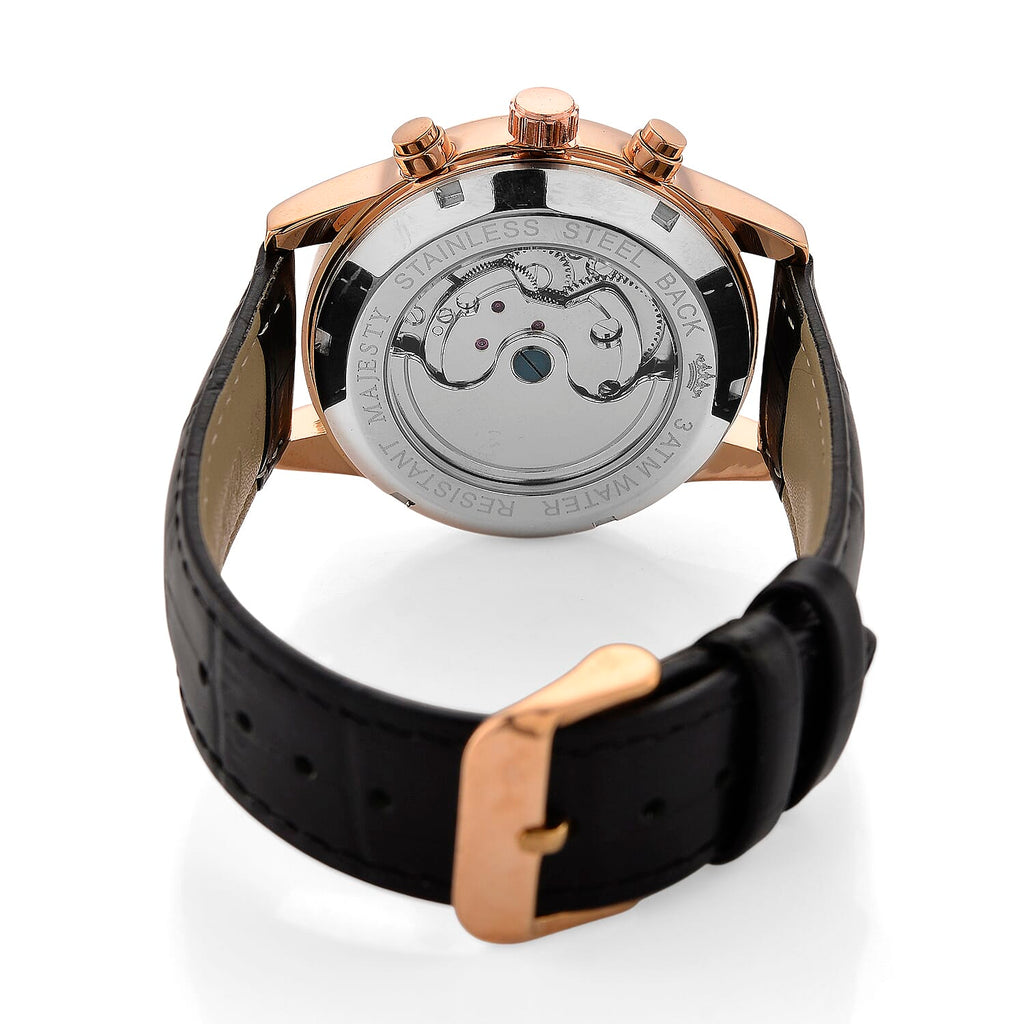 MAJESTY Limited Edition ENIGMATIC Automatic 3ATM Mens Watch with Rose Gold dial Black Leather Strap With Day-Night Indicator