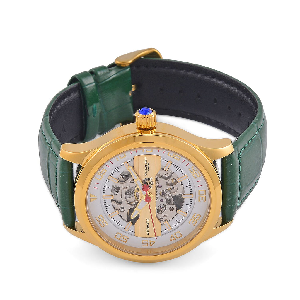 WILLIAM HUNT 5 ATM Water Resistant Automatic Movt. Watch in Gold Tone with Green Leather Strap