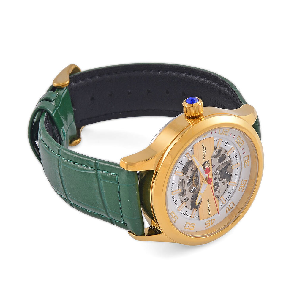 WILLIAM HUNT 5 ATM Water Resistant Automatic Movt. Watch in Gold Tone with Green Leather Strap