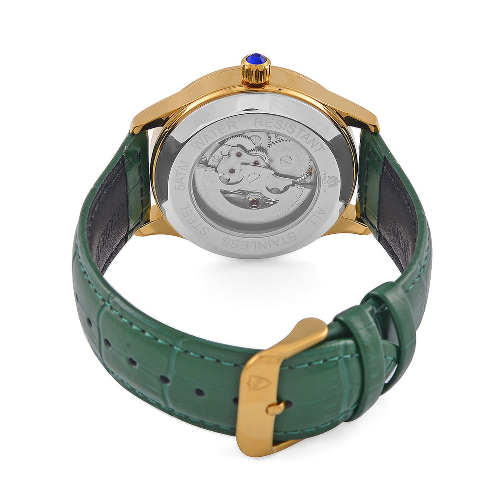 WILLIAM HUNT 5 ATM Water Resistant Automatic Movt. Watch in Gold Tone with Green Leather Strap