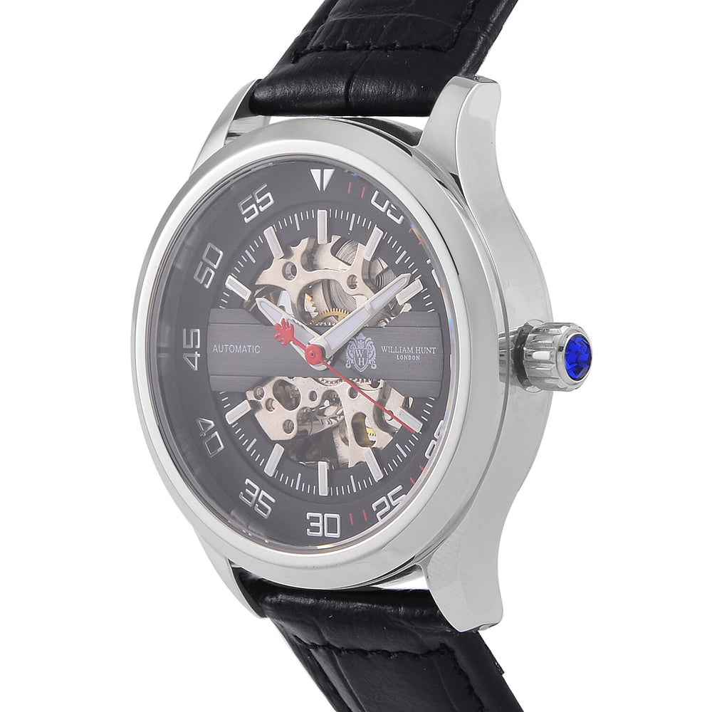 WILLIAM HUNT 5 ATM Water Resistant Automatic Movt. Watch in Silver Tone with Black Leather Strap