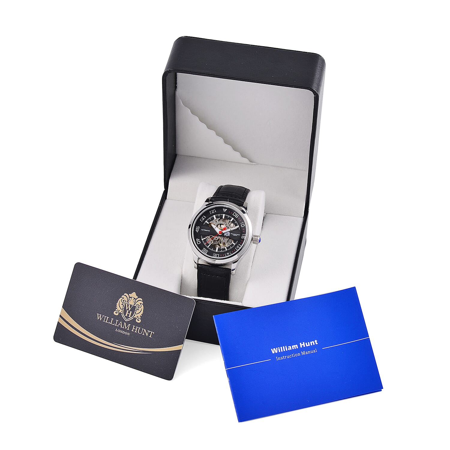WILLIAM HUNT 5 ATM Water Resistant Automatic Movt. Watch in Silver Tone with Black Leather Strap
