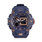 GENOA Japanese Movement Blue Dial 5 ATM Water Resistant Dual Display Watch with Stopwatch, Alarm, Night Light - Blue Leatherette Strap in Rose Gold Tone