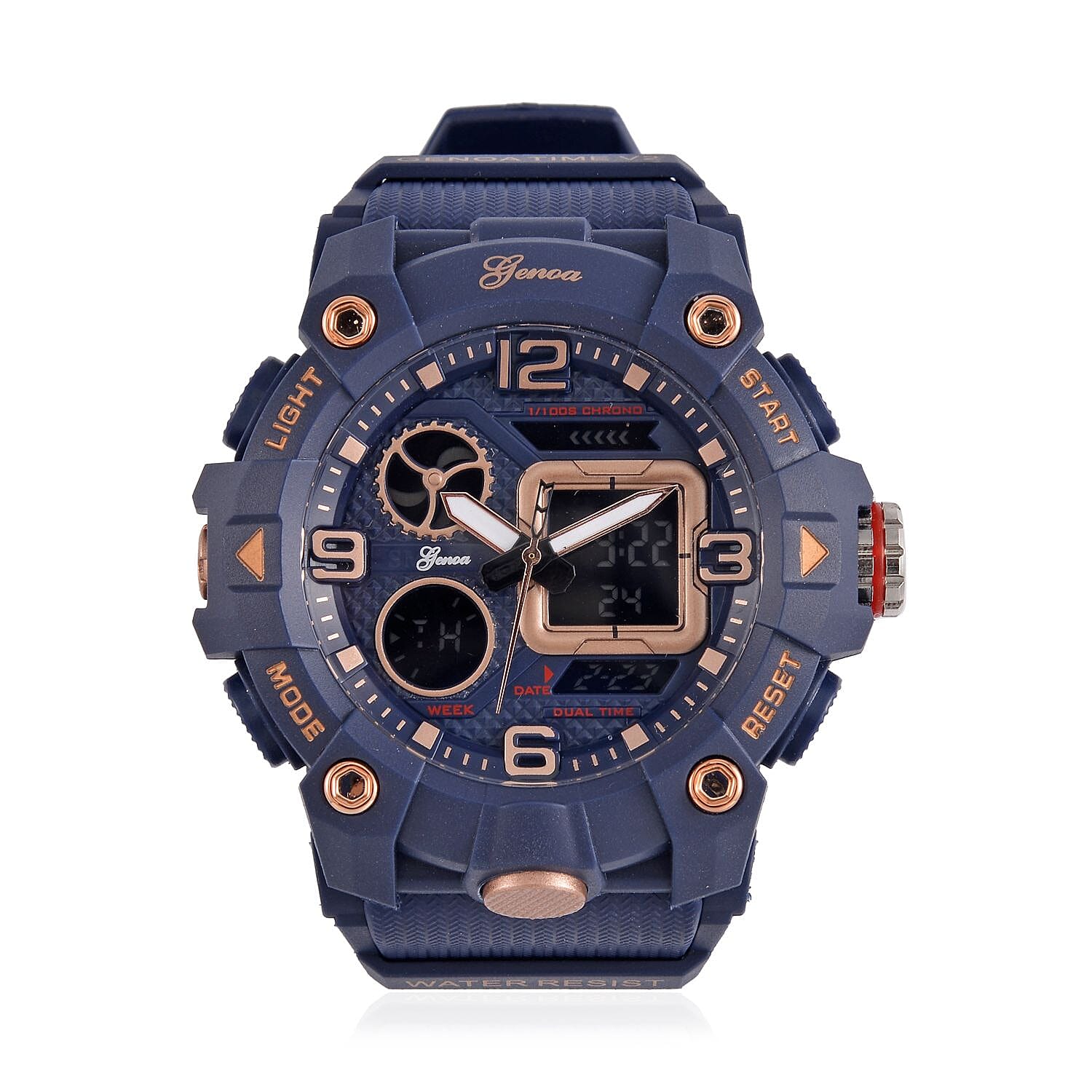GENOA Japanese Movement Blue Dial 5 ATM Water Resistant Dual Display Watch with Stopwatch, Alarm, Night Light - Blue Leatherette Strap in Rose Gold Tone
