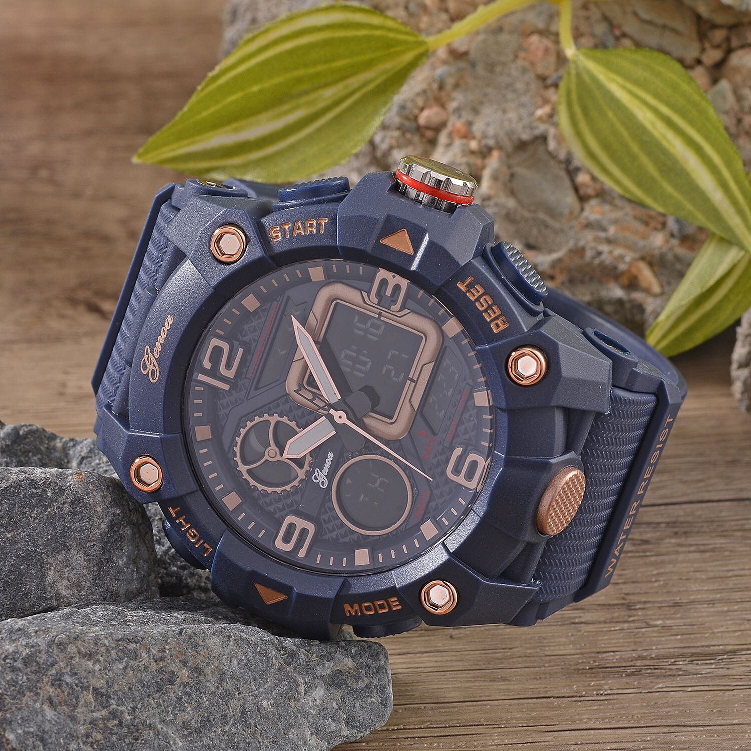 GENOA Japanese Movement Blue Dial 5 ATM Water Resistant Dual Display Watch with Stopwatch, Alarm, Night Light - Blue Leatherette Strap in Rose Gold Tone