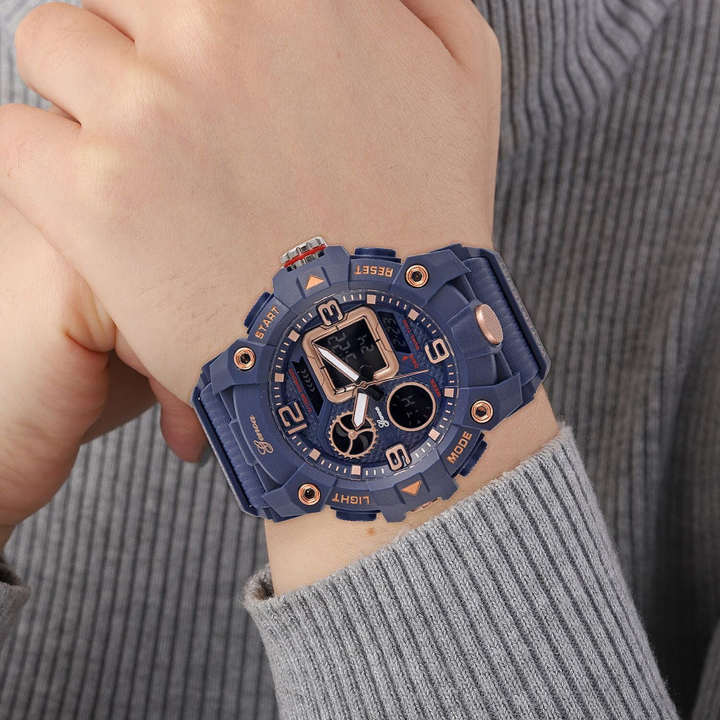 GENOA Japanese Movement Blue Dial 5 ATM Water Resistant Dual Display Watch with Stopwatch, Alarm, Night Light - Blue Leatherette Strap in Rose Gold Tone