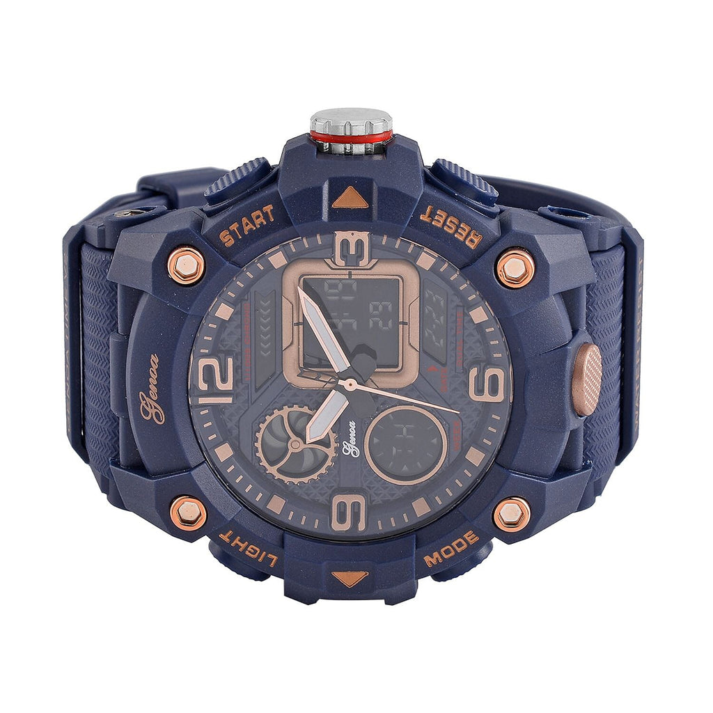GENOA Japanese Movement Blue Dial 5 ATM Water Resistant Dual Display Watch with Stopwatch, Alarm, Night Light - Blue Leatherette Strap in Rose Gold Tone