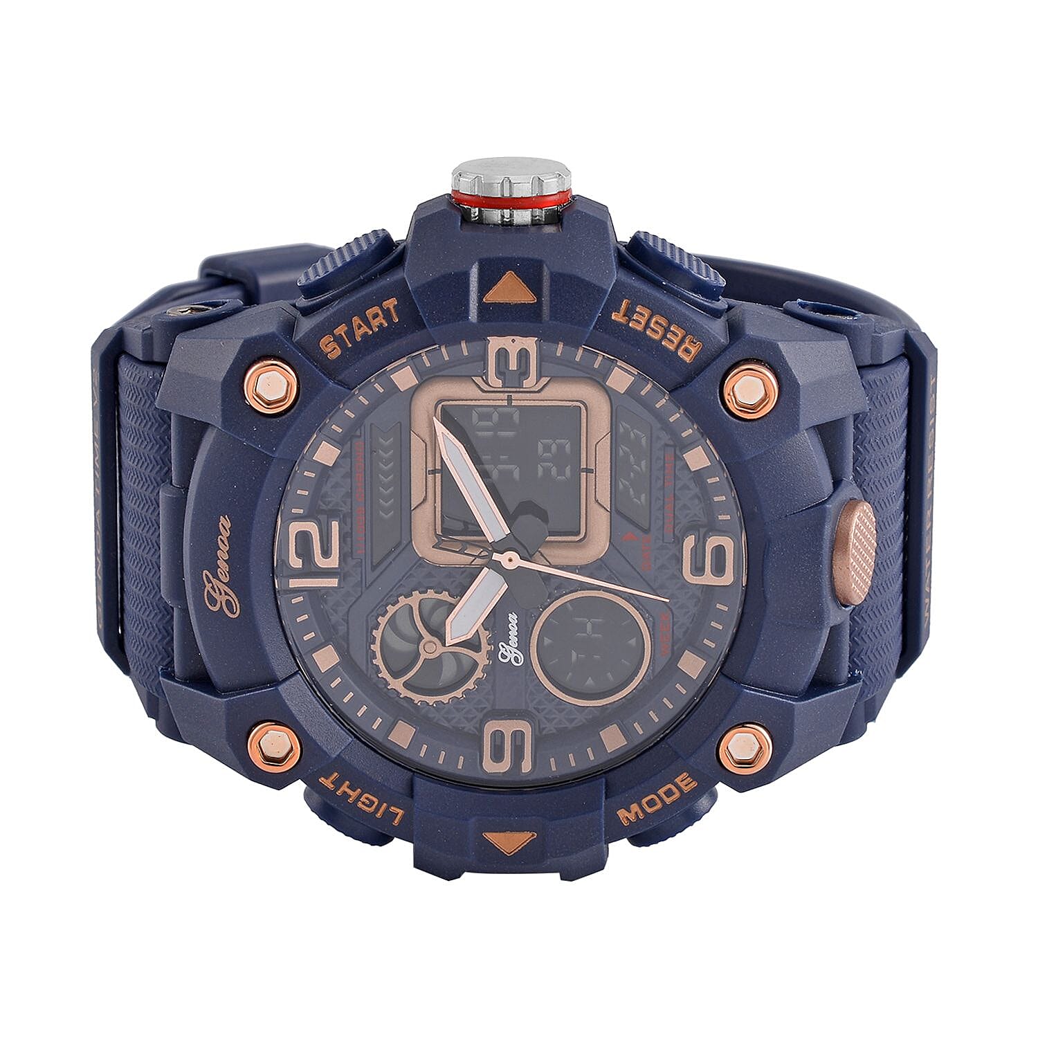 GENOA Japanese Movement Blue Dial 5 ATM Water Resistant Dual Display Watch with Stopwatch, Alarm, Night Light - Blue Leatherette Strap in Rose Gold Tone