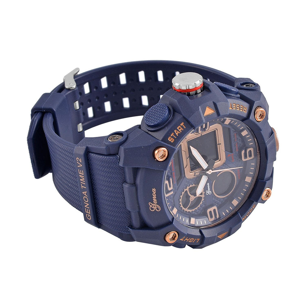 GENOA Japanese Movement Blue Dial 5 ATM Water Resistant Dual Display Watch with Stopwatch, Alarm, Night Light - Blue Leatherette Strap in Rose Gold Tone