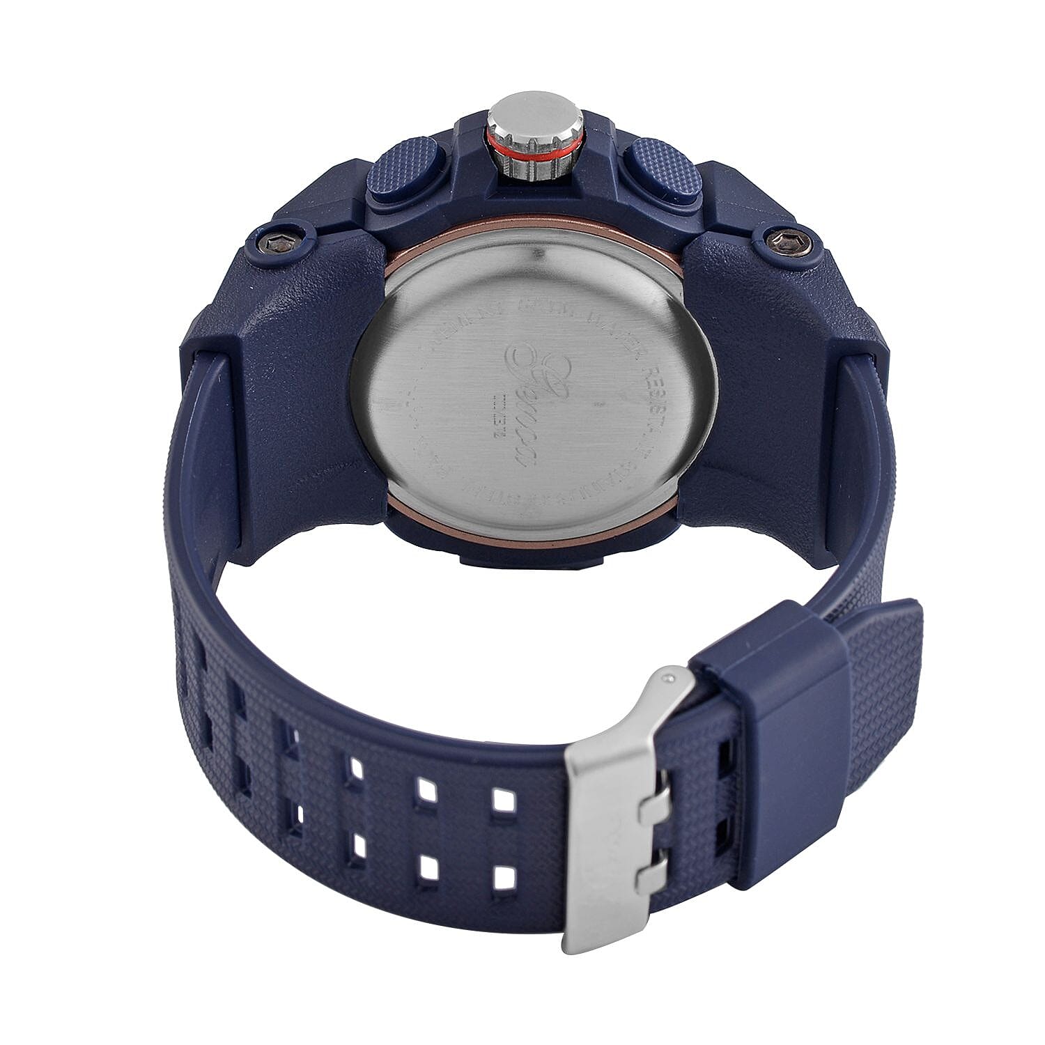 GENOA Japanese Movement Blue Dial 5 ATM Water Resistant Dual Display Watch with Stopwatch, Alarm, Night Light - Blue Leatherette Strap in Rose Gold Tone