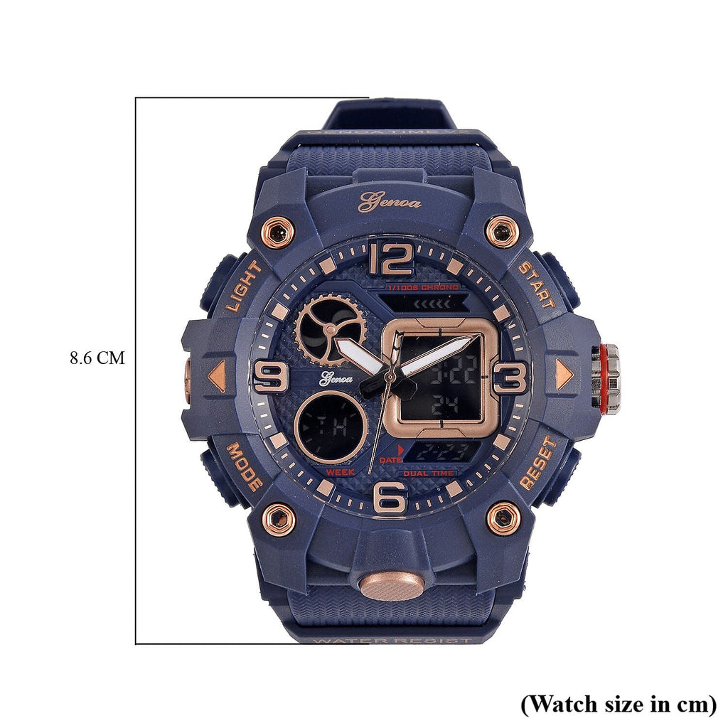 GENOA Japanese Movement Blue Dial 5 ATM Water Resistant Dual Display Watch with Stopwatch, Alarm, Night Light - Blue Leatherette Strap in Rose Gold Tone