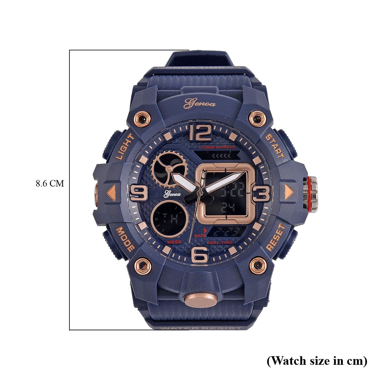 GENOA Japanese Movement Blue Dial 5 ATM Water Resistant Dual Display Watch with Stopwatch, Alarm, Night Light - Blue Leatherette Strap in Rose Gold Tone